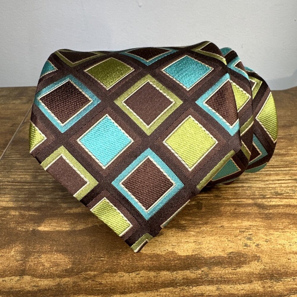 Ted Baker London Men's Tie 100% Silk Brown Teal Geometric All Over Print